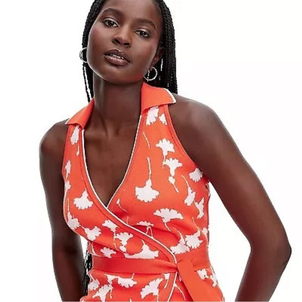Diane Von Furstenberg Orange and White Midi Dress
